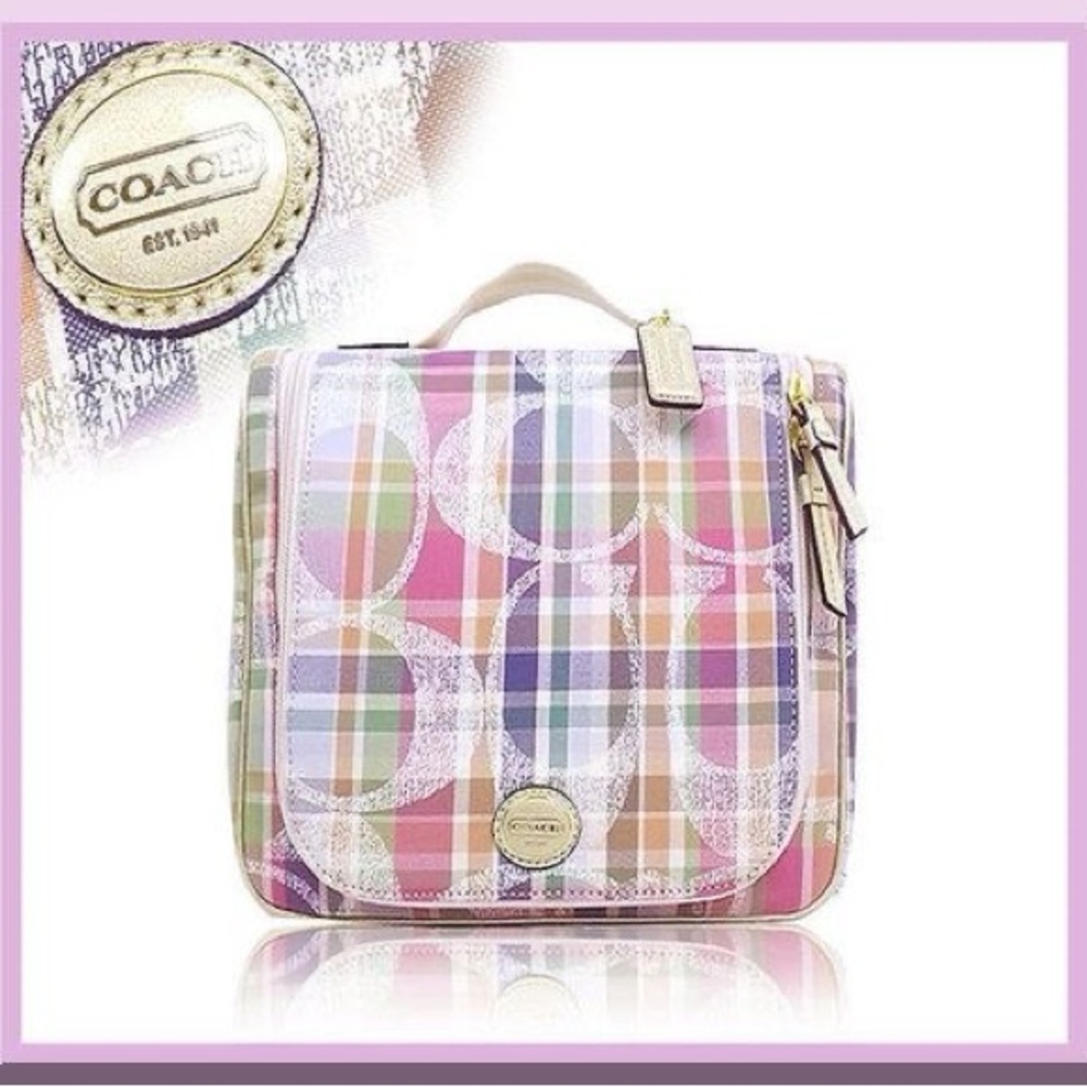 Coach Vintage Spring 2015 Gold Pink Purple Colorful Plaid Cosmetic Travel Bag - Picture 2 of 14